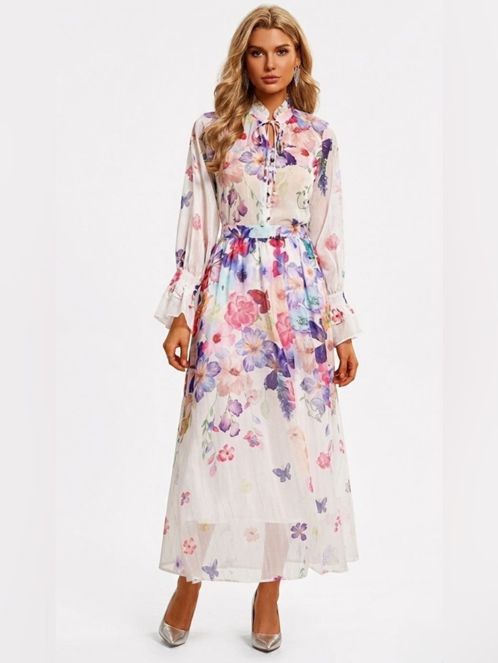 Floral Butterfly Chiffon Set Skirt and Top Size Medium (fits Small)